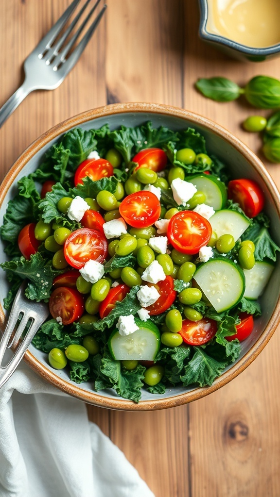 A vibrant kale and edamame salad with cherry tomatoes, cucumber, and feta cheese on a rustic table.